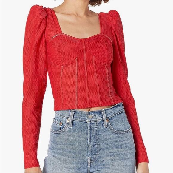 NWT Guess Y2K Coquette Scarlet Red Corset Bustier Mesh Zipper Top Puff Sleeve XL - Picture 1 of 13